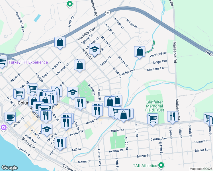 map of restaurants, bars, coffee shops, grocery stores, and more near 122 South 9th Street in Columbia