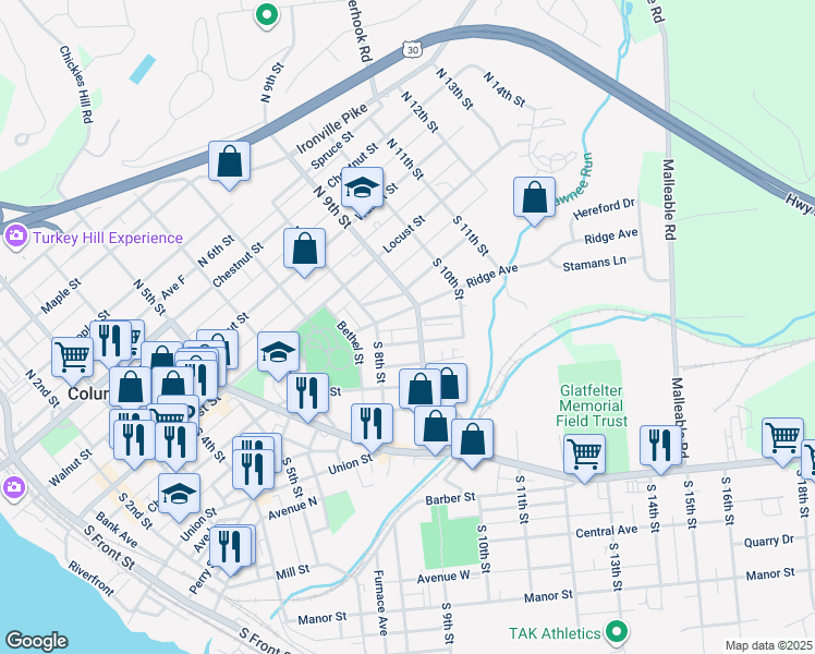 map of restaurants, bars, coffee shops, grocery stores, and more near 122 South 9th Street in Columbia
