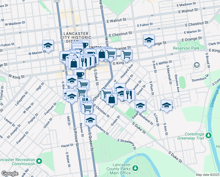 map of restaurants, bars, coffee shops, grocery stores, and more near 300 Howard Avenue in Lancaster