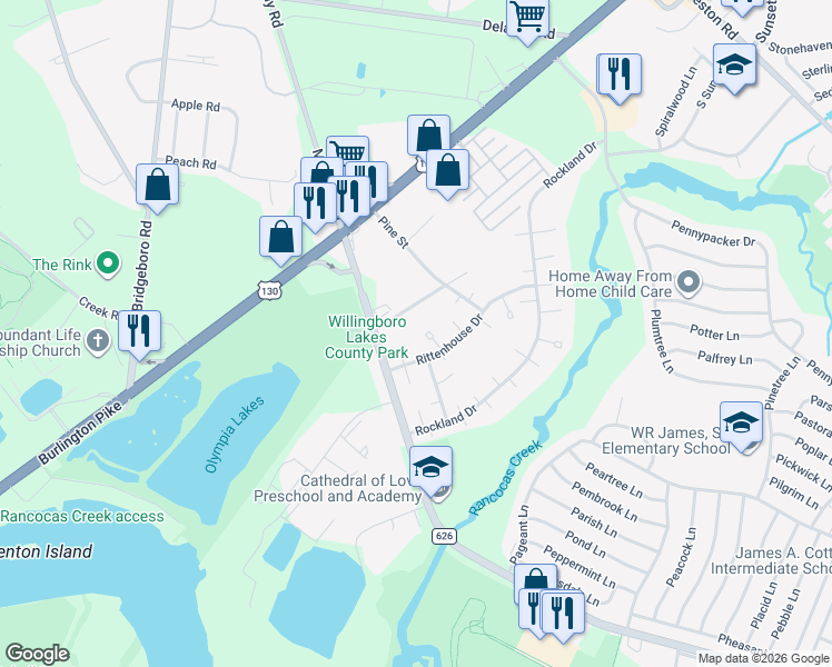 map of restaurants, bars, coffee shops, grocery stores, and more near 10 Royal Court in Willingboro