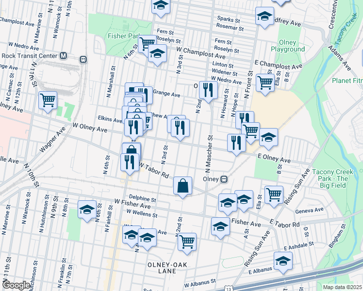 map of restaurants, bars, coffee shops, grocery stores, and more near 230 West Olney Avenue in Philadelphia