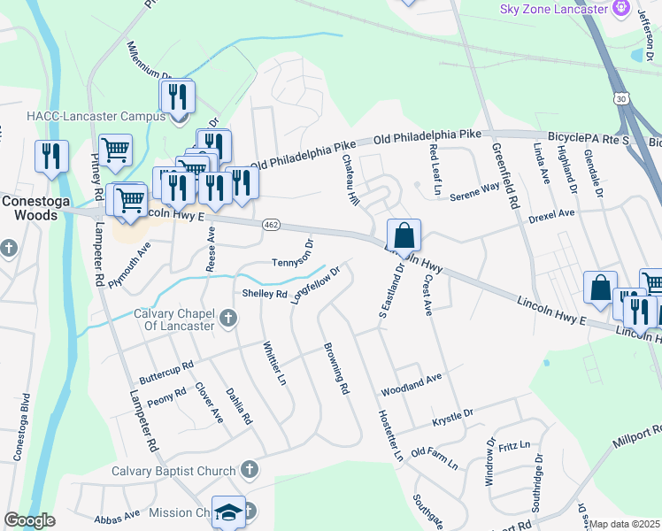 map of restaurants, bars, coffee shops, grocery stores, and more near 54 Longfellow Drive in Lancaster