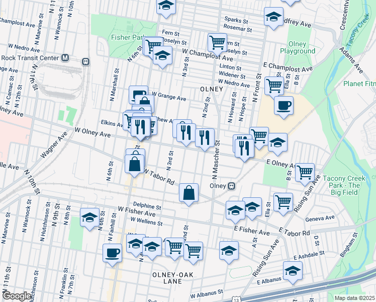 map of restaurants, bars, coffee shops, grocery stores, and more near 230 West Olney Avenue in Philadelphia