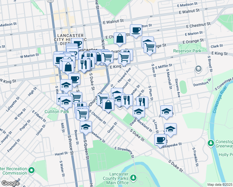 map of restaurants, bars, coffee shops, grocery stores, and more near 214 Locust Street in Lancaster