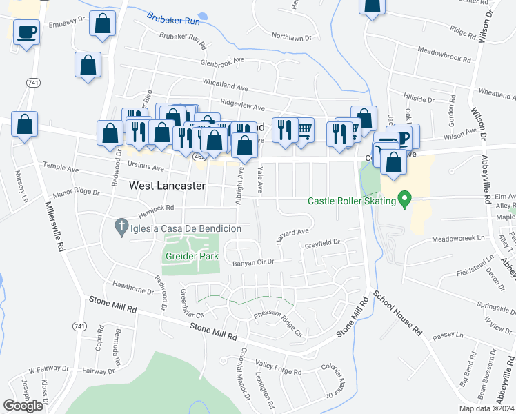 map of restaurants, bars, coffee shops, grocery stores, and more near 198 Gamber Lane in Lancaster