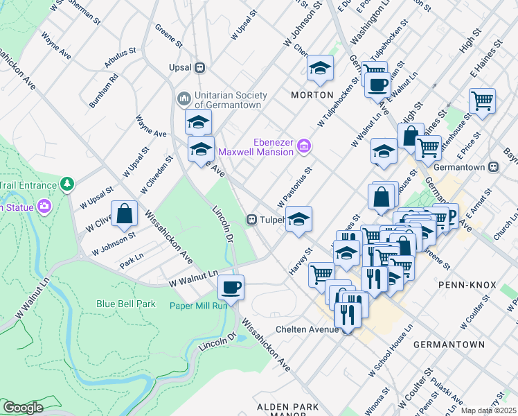 map of restaurants, bars, coffee shops, grocery stores, and more near 6146 Wayne Avenue in Philadelphia