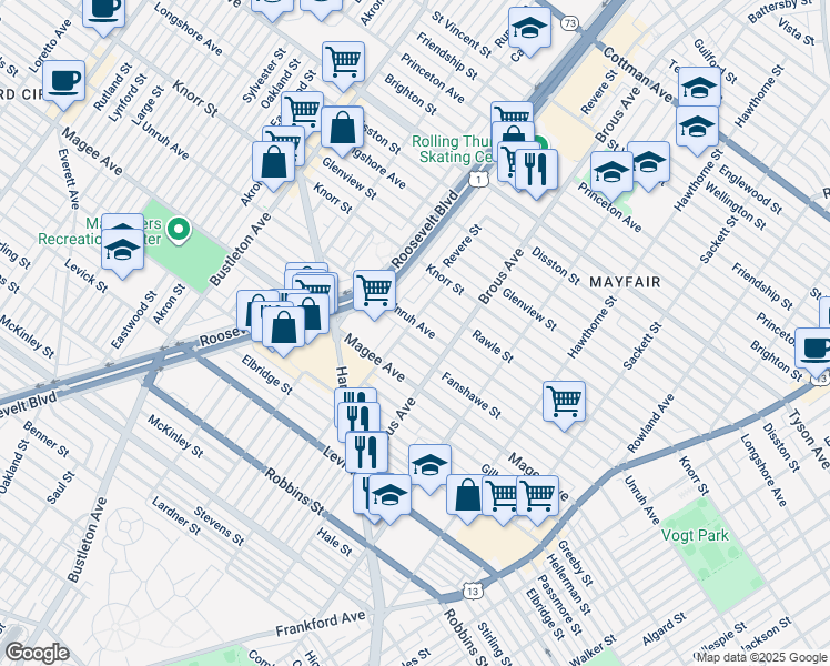 map of restaurants, bars, coffee shops, grocery stores, and more near 2804 Unruh Avenue in Philadelphia