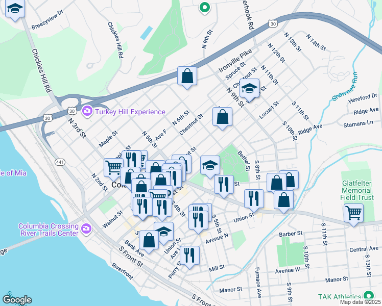 map of restaurants, bars, coffee shops, grocery stores, and more near 570 Walnut Street in Columbia