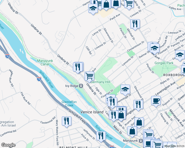 map of restaurants, bars, coffee shops, grocery stores, and more near 151 Parker Avenue in Philadelphia