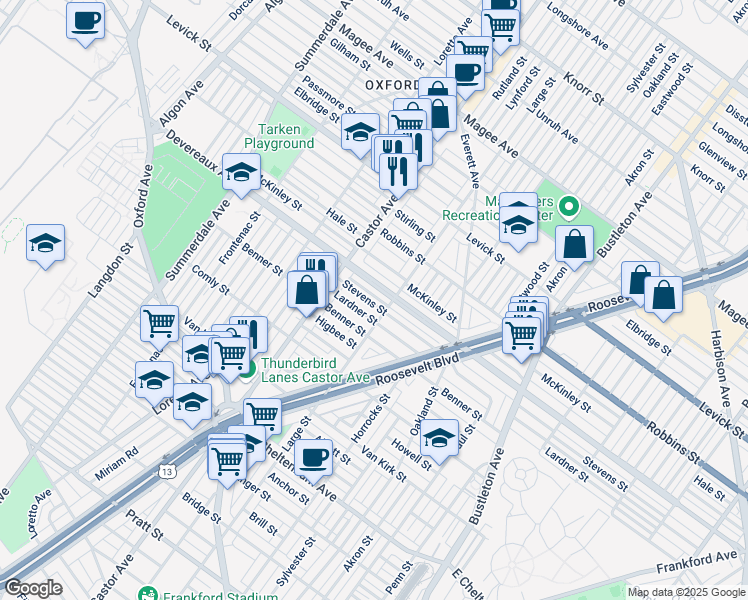 map of restaurants, bars, coffee shops, grocery stores, and more near 1461 Stevens Street in Philadelphia