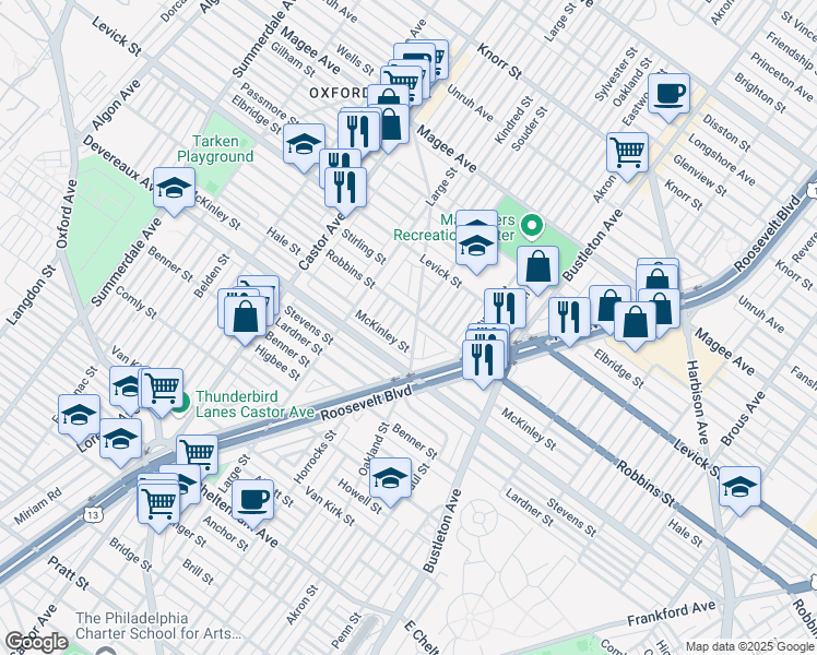 map of restaurants, bars, coffee shops, grocery stores, and more near 6244 Everett Street in Philadelphia