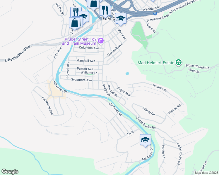 map of restaurants, bars, coffee shops, grocery stores, and more near Russell Street in Wheeling