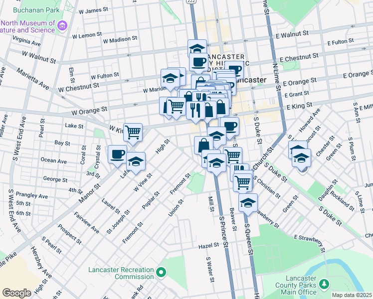 map of restaurants, bars, coffee shops, grocery stores, and more near 236 West Vine Street in Lancaster