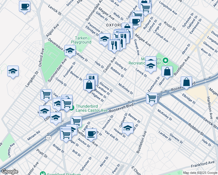 map of restaurants, bars, coffee shops, grocery stores, and more near 1461 Stevens Street in Philadelphia