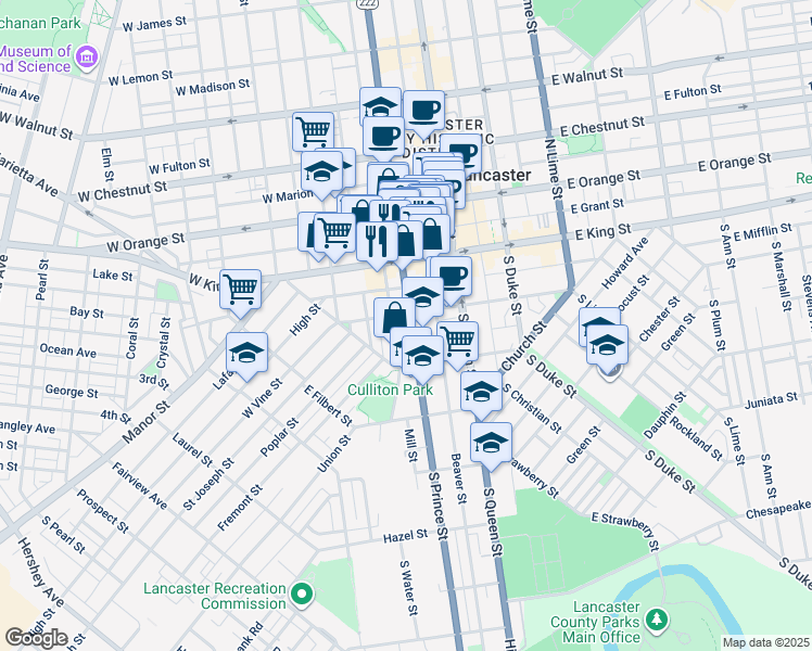 map of restaurants, bars, coffee shops, grocery stores, and more near 112 South Prince Street in Lancaster