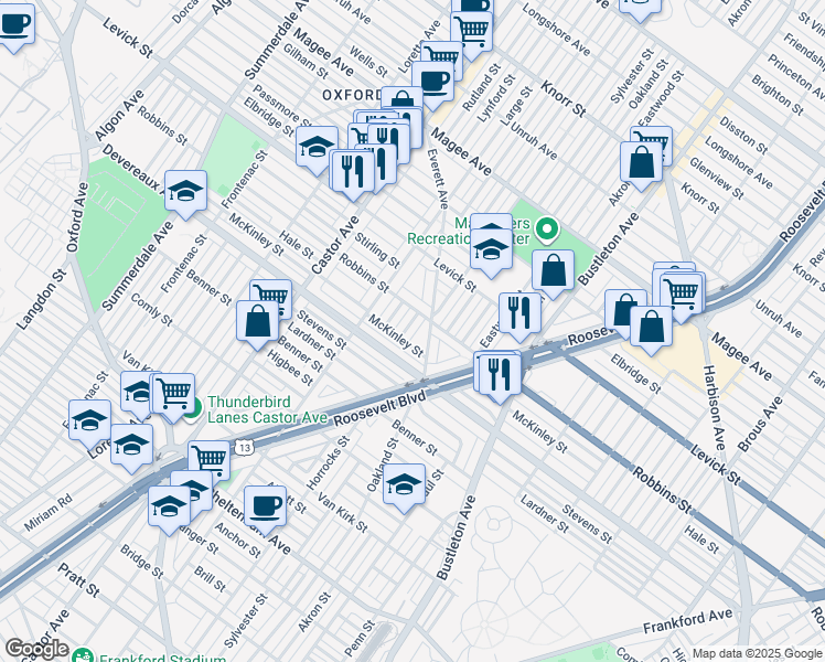 map of restaurants, bars, coffee shops, grocery stores, and more near 1545 Robbins Street in Philadelphia