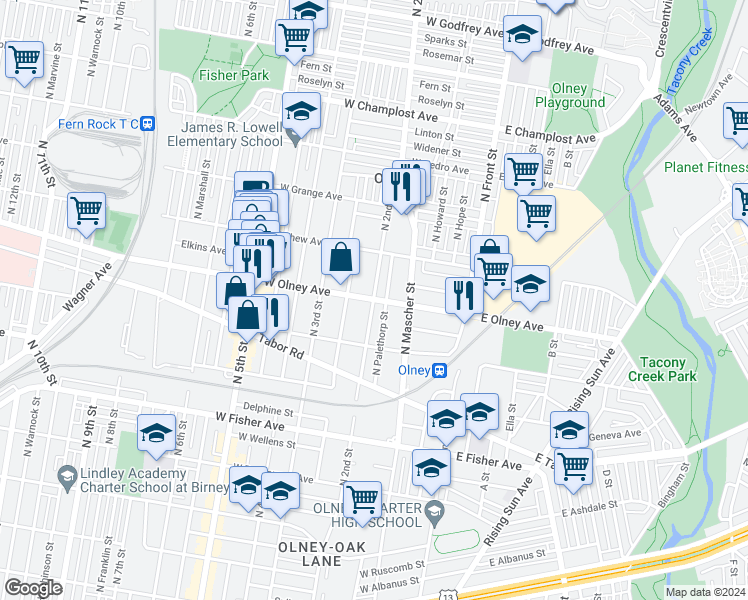 map of restaurants, bars, coffee shops, grocery stores, and more near 198 West Olney Avenue in Philadelphia