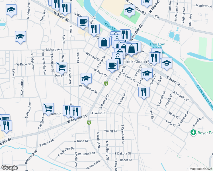 map of restaurants, bars, coffee shops, grocery stores, and more near 305 South Market Street in Troy