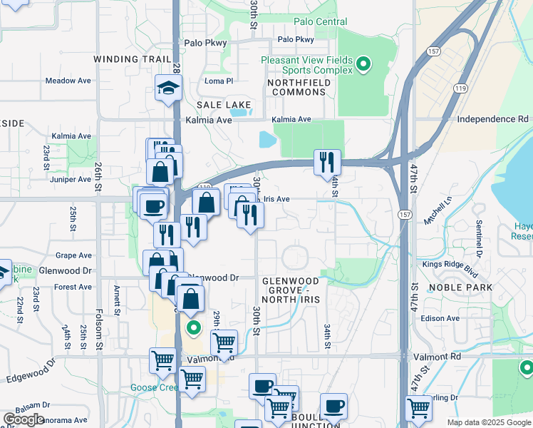 map of restaurants, bars, coffee shops, grocery stores, and more near 3350 30th Street in Boulder