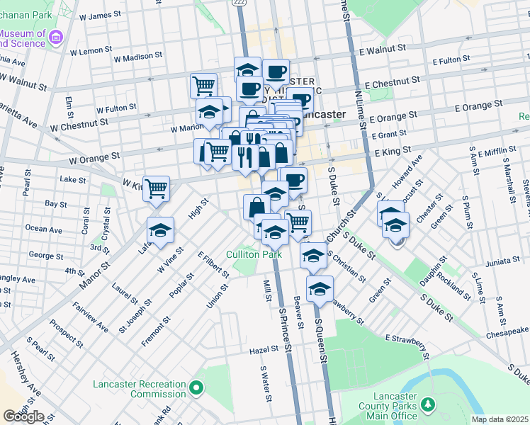 map of restaurants, bars, coffee shops, grocery stores, and more near 112 South Prince Street in Lancaster