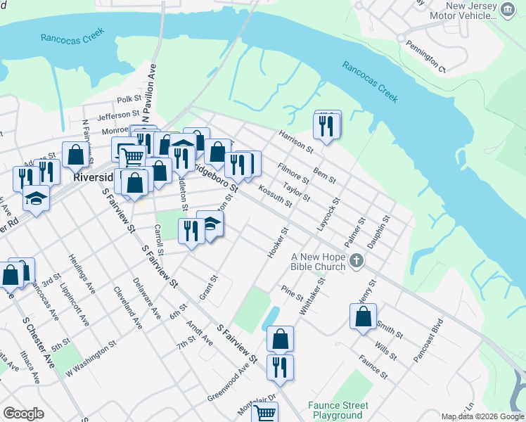 map of restaurants, bars, coffee shops, grocery stores, and more near 430 Kossuth Street in Riverside