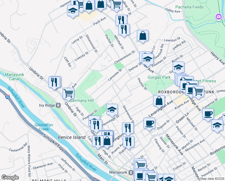 map of restaurants, bars, coffee shops, grocery stores, and more near 4900 Tibben Street in Philadelphia