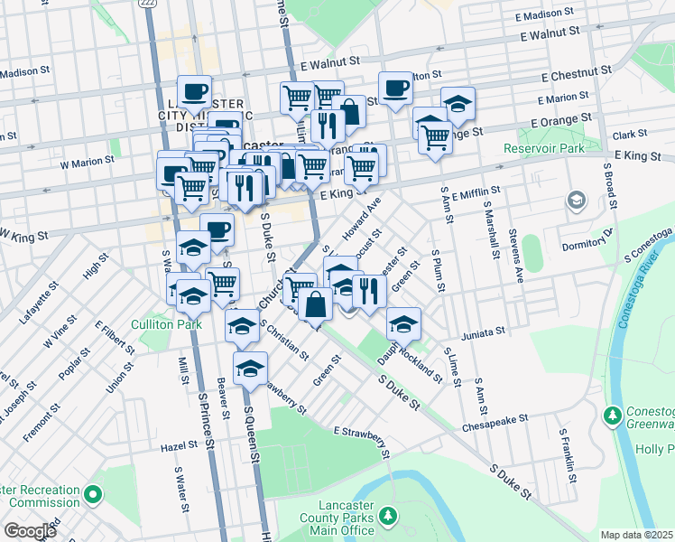 map of restaurants, bars, coffee shops, grocery stores, and more near 214 Locust Street in Lancaster