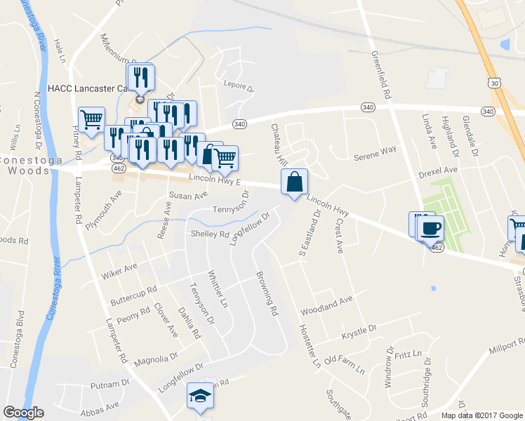 map of restaurants, bars, coffee shops, grocery stores, and more near 54 Longfellow Drive in Lancaster