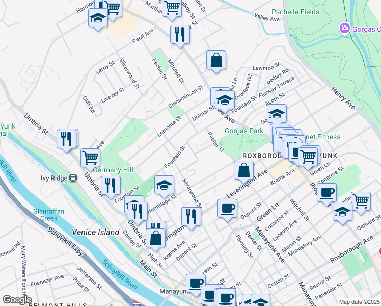 map of restaurants, bars, coffee shops, grocery stores, and more near 4766 Manayunk Avenue in Philadelphia