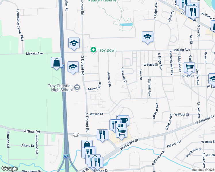 map of restaurants, bars, coffee shops, grocery stores, and more near 410 Armand Drive in Troy
