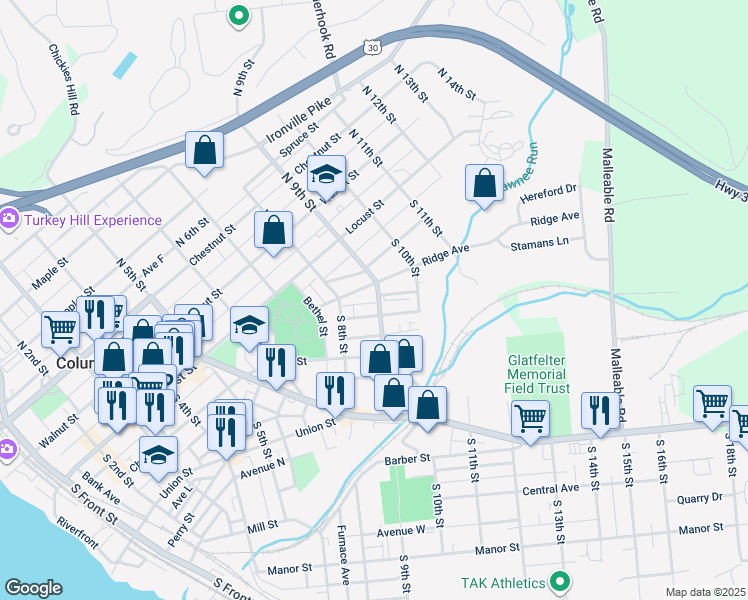 map of restaurants, bars, coffee shops, grocery stores, and more near 120 South 9th Street in Columbia