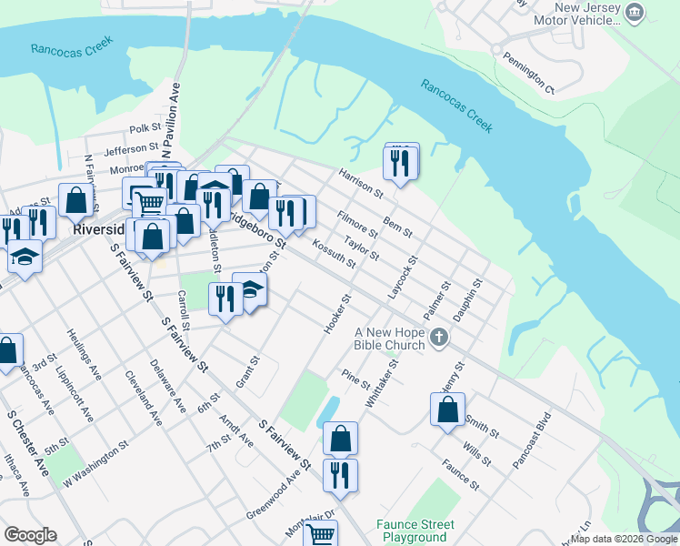 map of restaurants, bars, coffee shops, grocery stores, and more near 533 Kossuth Street in Riverside