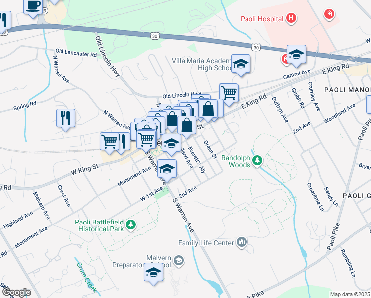 map of restaurants, bars, coffee shops, grocery stores, and more near 117 Woodland Avenue in Malvern