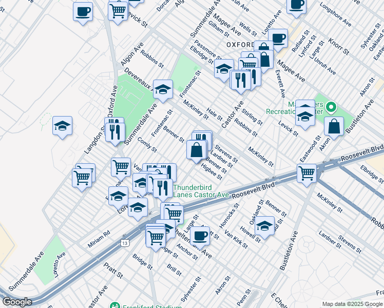 map of restaurants, bars, coffee shops, grocery stores, and more near 6053 Alma Street in Philadelphia