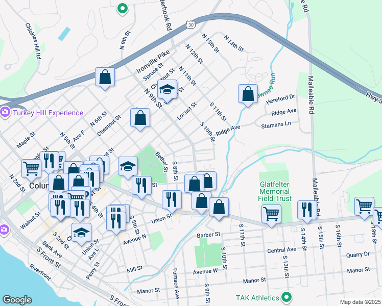 map of restaurants, bars, coffee shops, grocery stores, and more near 120 South 9th Street in Columbia