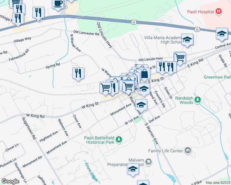 map of restaurants, bars, coffee shops, grocery stores, and more near 105 West King Street in Malvern