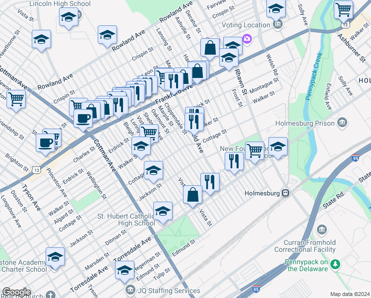 map of restaurants, bars, coffee shops, grocery stores, and more near 4404 Marple Street in Philadelphia