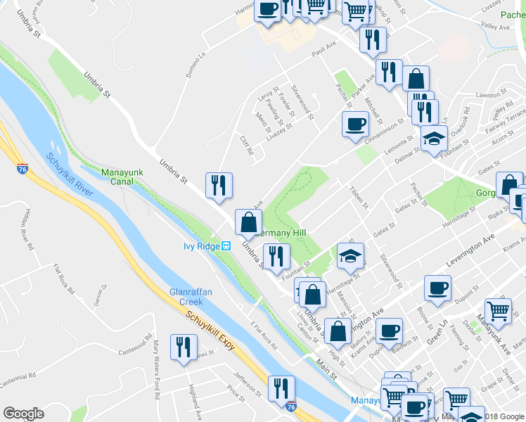 map of restaurants, bars, coffee shops, grocery stores, and more near 159 Parker Ave in Philadelphia