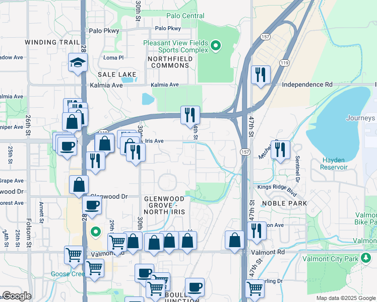 map of restaurants, bars, coffee shops, grocery stores, and more near 3400 Penrose Place in Boulder