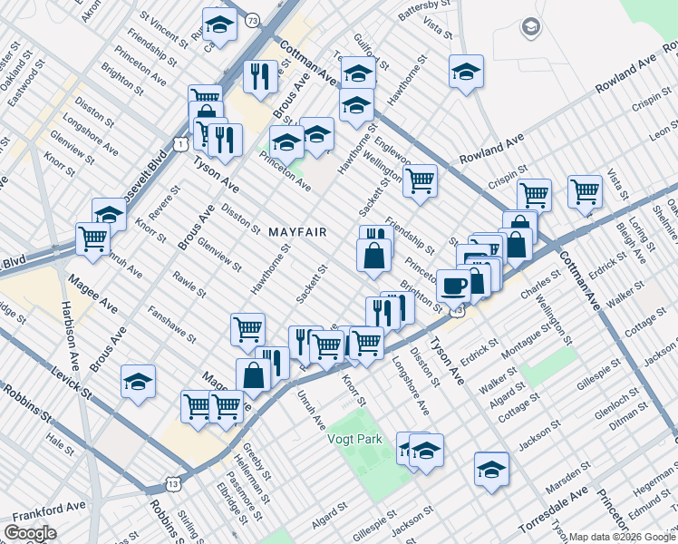 map of restaurants, bars, coffee shops, grocery stores, and more near in Philadelphia