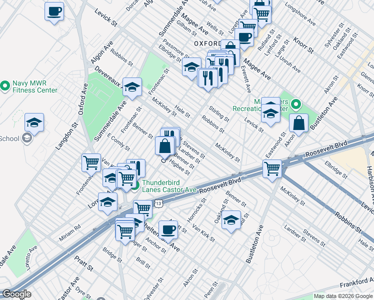 map of restaurants, bars, coffee shops, grocery stores, and more near 1414 Devereaux Avenue in Philadelphia