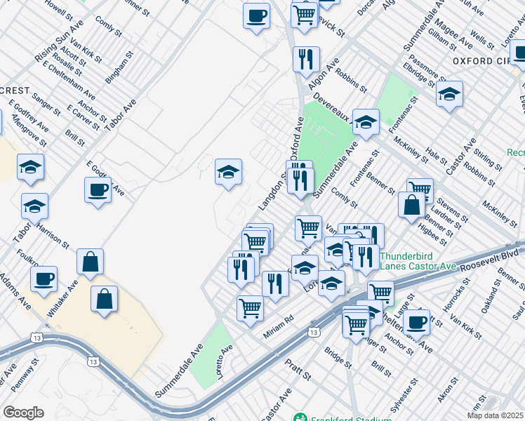 map of restaurants, bars, coffee shops, grocery stores, and more near 1033 Alcott Street in Philadelphia