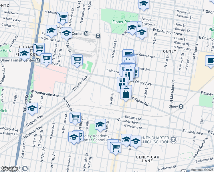 map of restaurants, bars, coffee shops, grocery stores, and more near 618 West Olney Avenue in Philadelphia