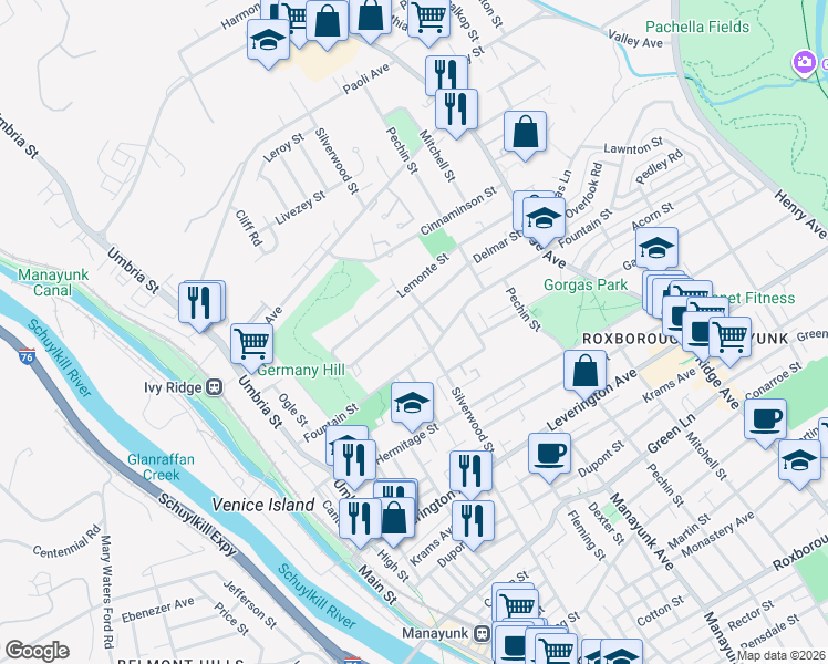 map of restaurants, bars, coffee shops, grocery stores, and more near 4900 Tibben Street in Philadelphia
