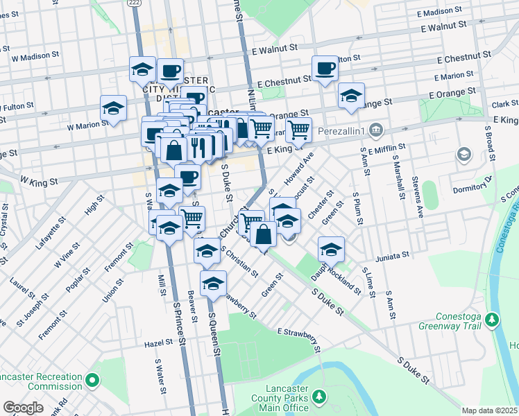 map of restaurants, bars, coffee shops, grocery stores, and more near 213 Old Trinity Place in Lancaster