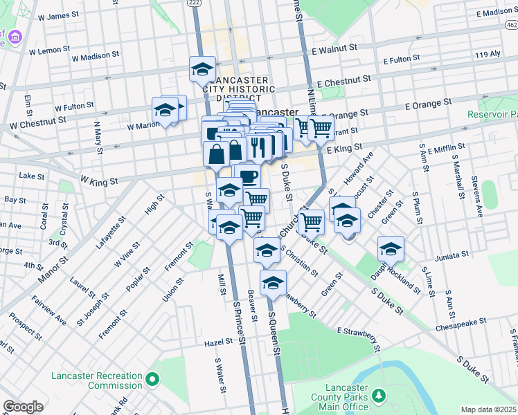 map of restaurants, bars, coffee shops, grocery stores, and more near 45 South Queen Street in Lancaster