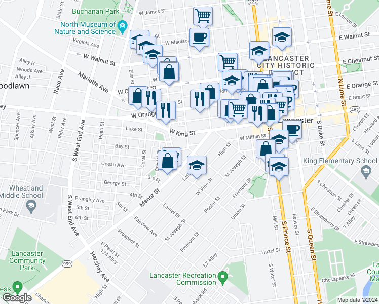 map of restaurants, bars, coffee shops, grocery stores, and more near 1 Campbell Avenue in Lancaster