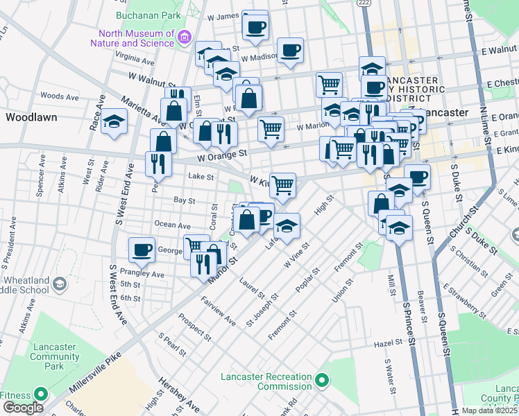map of restaurants, bars, coffee shops, grocery stores, and more near 33 Old Dorwart Street in Lancaster