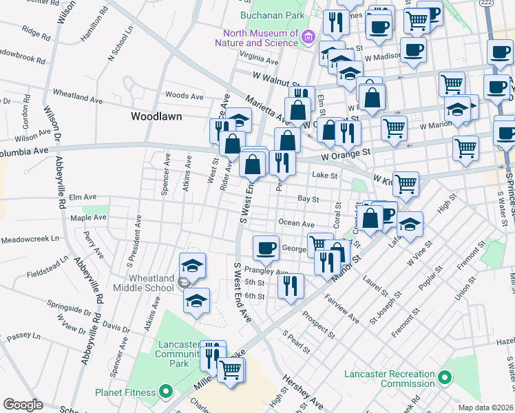 map of restaurants, bars, coffee shops, grocery stores, and more near 824 1st Street in Lancaster