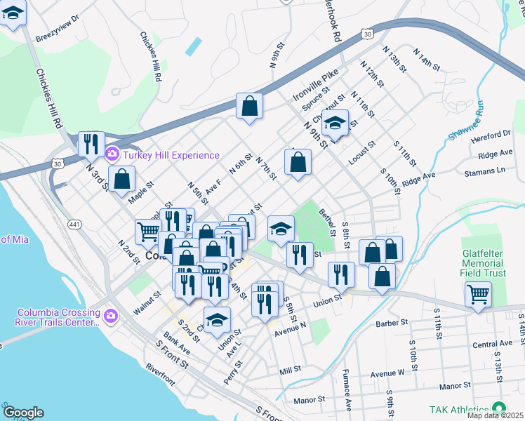 map of restaurants, bars, coffee shops, grocery stores, and more near 627 Walnut Street in Columbia
